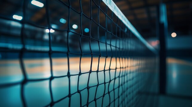 Indoor volleyball net under dramatic lighting in a dimly lit gymnasium, showcasing competitive sports atmosphere and professional game environment




 - Powered by Adobe