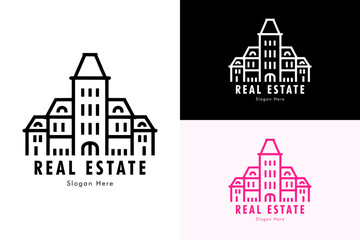 Obraz premium old age british design building hotel, thin line icon, vector logo for hotel, hotel booking, book a room, vacation, travel, property agent, builder, apartment, residential, real estate, room