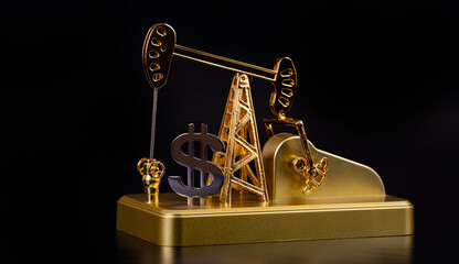 Golden oil pump and US dollar symbol on black background