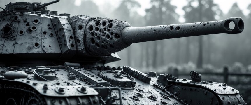 Tank gun turret of a British tank damaged by numerous anti-tank rocket-propelled grenades