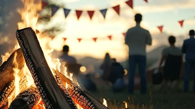 Celebrating Independence Day with Bonfire and Patriotic Banners