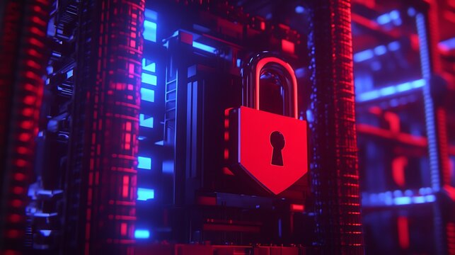 Digital Lock on Secure Server with Neon Lighting in Red and Blue Colors for Cybersecurity Concepts