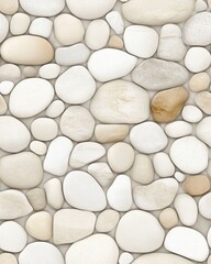 A seamless high-resolution texture image featu a riverbed composed of numerous smooth, rounded pebbles in varying shades of beige, white, and cream perfect for design projects.
