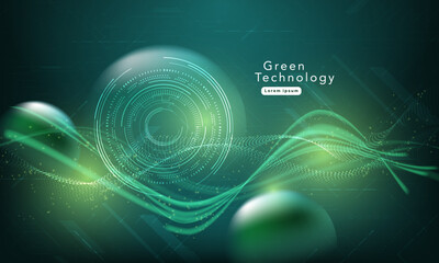 Futuristic green technology background with glowing circuit-like trees, rising arrows, and grid lines.sustainability, innovation, data analysis, and eco-friendly concept.