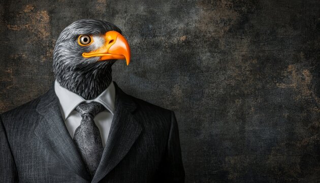 Anthropomorphic Eagle in Suit, Portrait on Dark Background, Animal Human Hybrid Concept