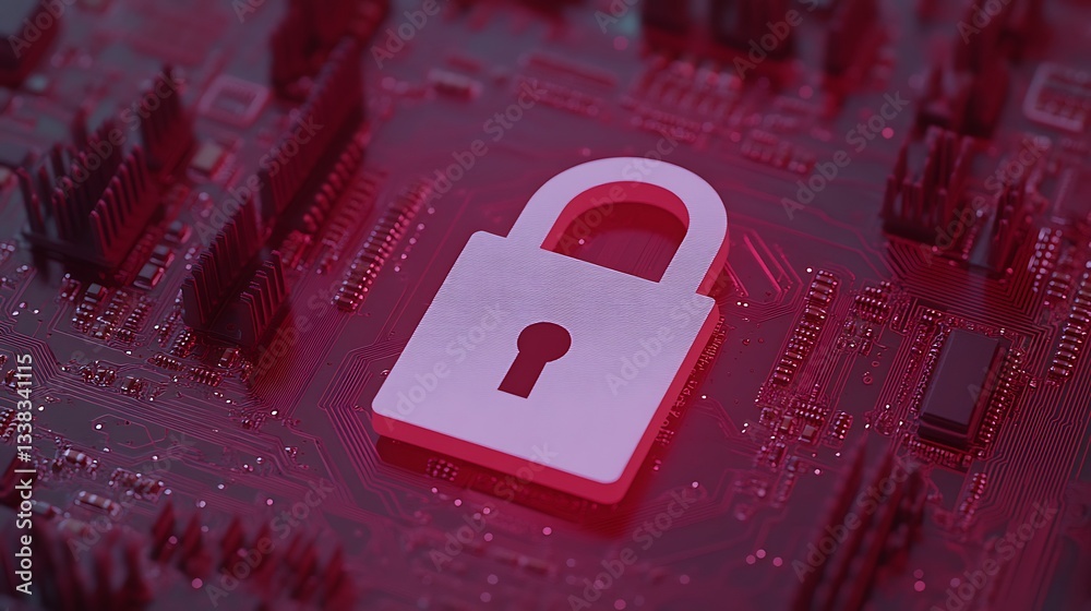 Poster digital lock symbol on circuit board background representing cybersecurity and data protection conce
