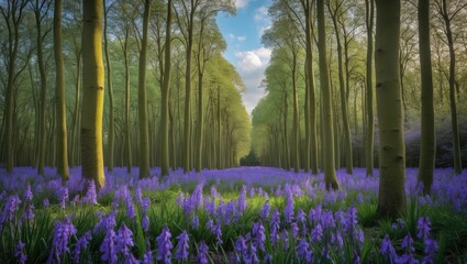 Obraz premium Springtime woodlands of Beech Tree featuring bluebell flowers blooming across the forest floor.