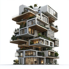 Obraz premium Modern architectural design featuring multi level building with unique geometric shapes and abundant greenery. structure showcases large windows