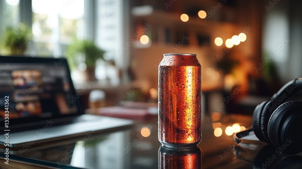 Poster A cold beverage can with condensation rests on a table beside a laptop and headphones, creating a relaxed atmosphere with soft lighting in a cozy room.