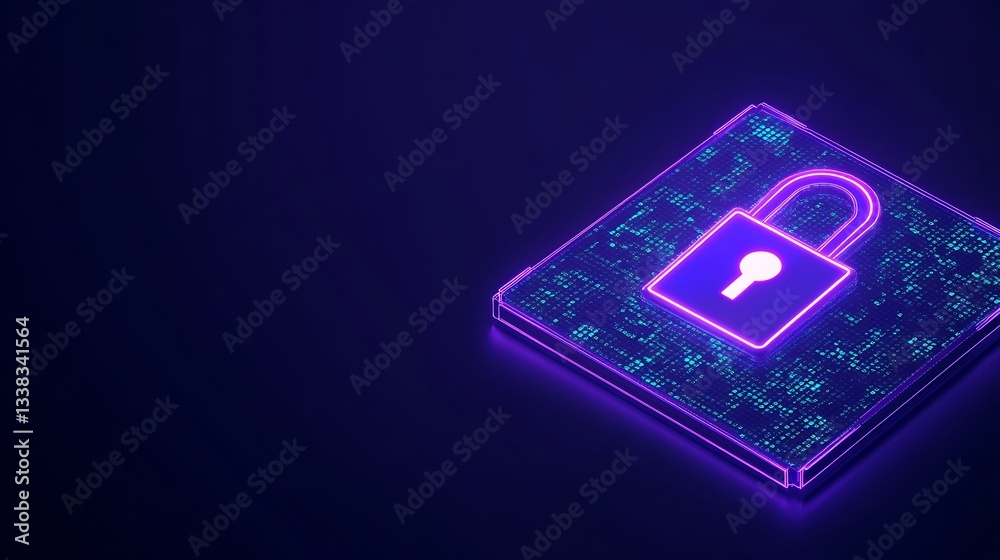 Poster digital lock symbol with neon glow on abstract background, representing cybersecurity and data prote