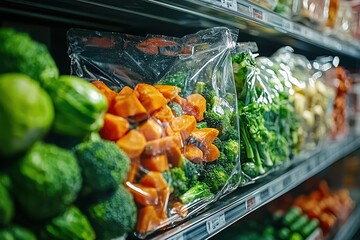Close up of pre-packaged fresh cut vegetables including broccoli and carrots on a shelf, showcasing healthy and convenient options for modern consumers in grocery store.