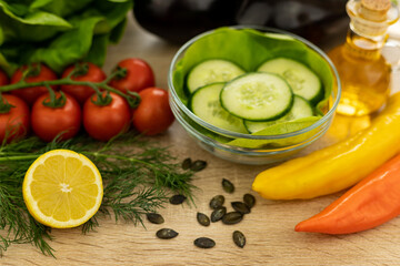 Vegetarian food. Preparation of salad. Spring vegetable salad. Dietary nutrition