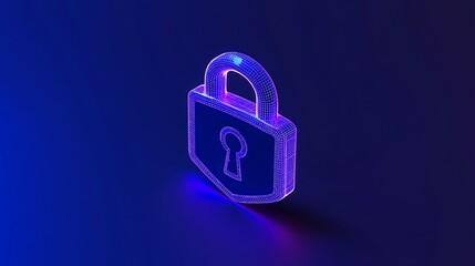 Digital padlock icon in glowing blue and purple wireframe design on dark background representing cybersecurity concepts