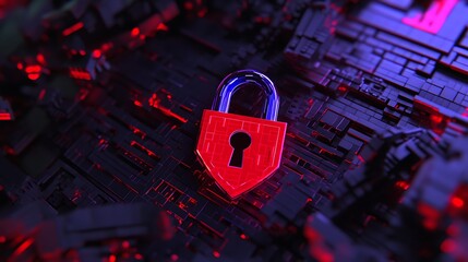 Digital padlock symbolizing cybersecurity on a futuristic abstract background of red and black patterns