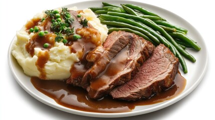 Classic roast beef with mashed potatoes, rich gravy, and crisp green beans