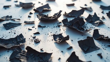 Burnt paper fragments on a light background. The remains of the paper. Charred scraps of paper.