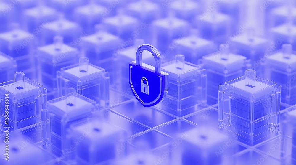 Poster digital security concept with blue lock over transparent storage boxes in a cyber environment