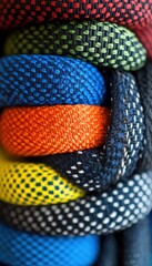 Colorful ropes tightly bound together, showcasing intricate texture and vibrant hues.