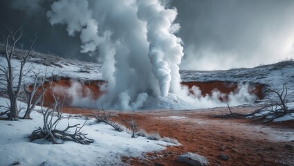 Steam billows from a geothermal vent in a desolate, snow-covered terrain.
