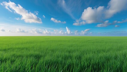 Fototapeta premium Green grass field under a blue sky with white clouds in a gardening and landscape photograph used for design display product background concept.