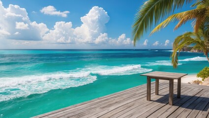 Summer tropical sea featuring waves, palm leaves, and a blue sky with clouds. Ideal vacation scenery with a vacant wooden table.