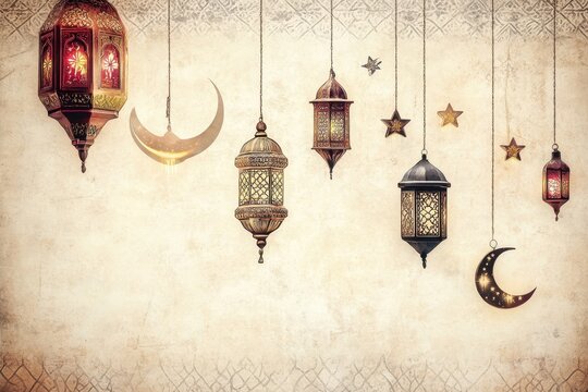Ornate lanterns and crescent moons hanging against a textured beige background for ramadan celebrationkayum12196@gmail.com