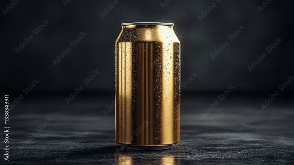 Fototapete a golden can stands upright, showcasing its sleek surface and subtle condensation. the dimly lit bac
