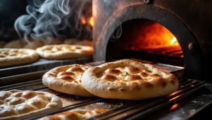 Fresh pita breads coming from the oven. The process of making involves cutting the dough into a round shape and transporting it on a conveyor belt. Freshly baked round pita is being taken out of th...