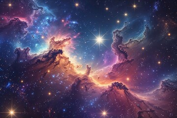 Obraz premium Mesmerizing Astronomical Vector Scene with Dazzling Nebula and Flickering Stars in a Colorful Cosmos