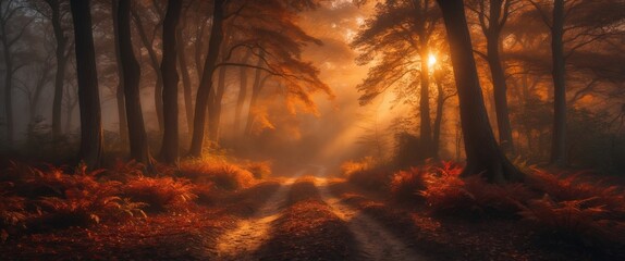 Sunrise during the fall season. The sun's rays break through the thick fog that still remains in the forest in the early morning.