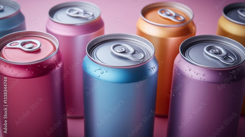Poster Assorted beverage cans in various bright colors are displayed on a smooth surface, reflecting light and creating an eye-catching arrangement that highlights their unique designs.