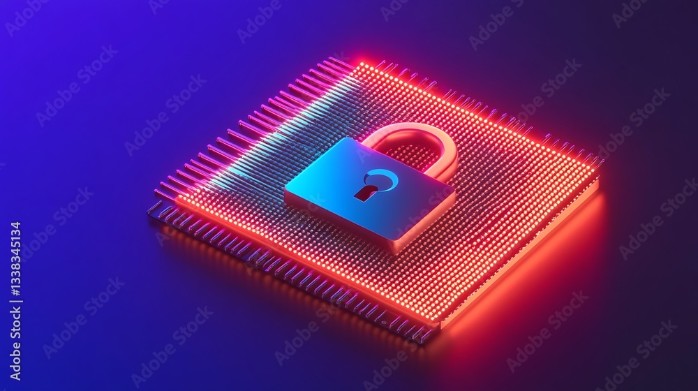 Poster digital security concept with glowing padlock on microchip representing data protection and cybersec