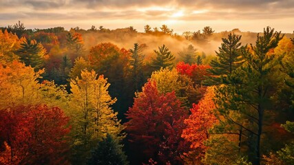 Vibrant autumn forest with mist and sunset illuminating colorful foliage in a serene landscape