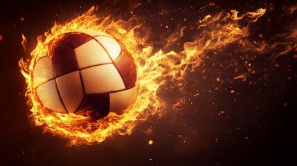 Naklejka premium Close-up of flying volleyball surrounded by burning flames in mid-air against dark brown background, symbolizing power, speed, and intensity in competitive sports action