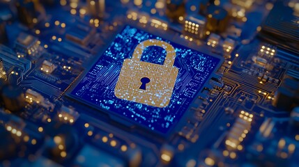 Fototapeta premium Digital Security Concept with Lock Icon on Circuit Board Matrix, Symbolizing Cyber Protection and Data Privacy