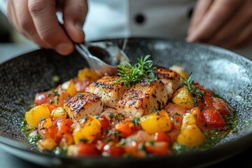 Chef preparing a gourmet dish with grilled fish and fresh vegetables in a modern kitchen setting