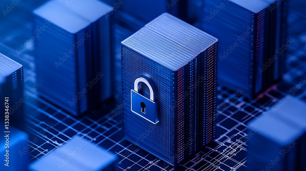 Poster digital security concept with lock over data cubes on cyber background representing data protection 