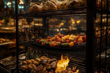 A multi-tiered grill showcasing a variety of dishes, from roasted chicken to grilled vegetables and meats, highlighting culinary diversity and barbecue flavors and techniques.