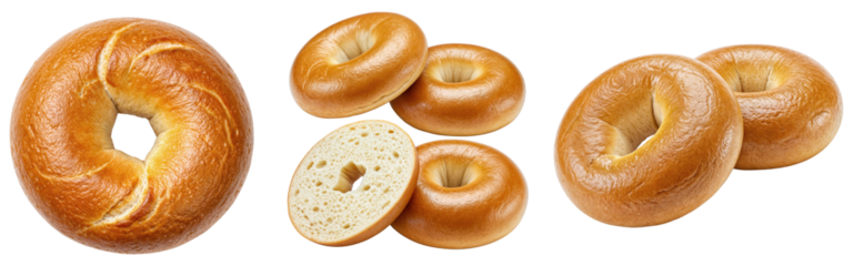 Fresh plain bagels with golden crust bundle isolated on a transparent background