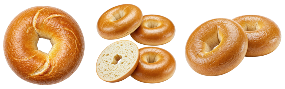 Fresh plain bagels with golden crust bundle isolated on a transparent background