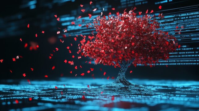 A vibrant digital tree with red leaves surrounded by flowing binary code, symbolizing the fusion of nature and technology.