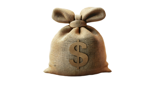 Burlap money bag with a dollar sign symbol isolated on white background