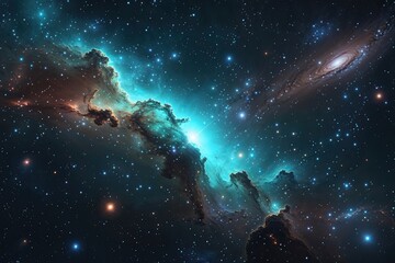 Fototapeta premium Teal Nebula Shining in a Celestial Galaxy with Starry Atmosphere