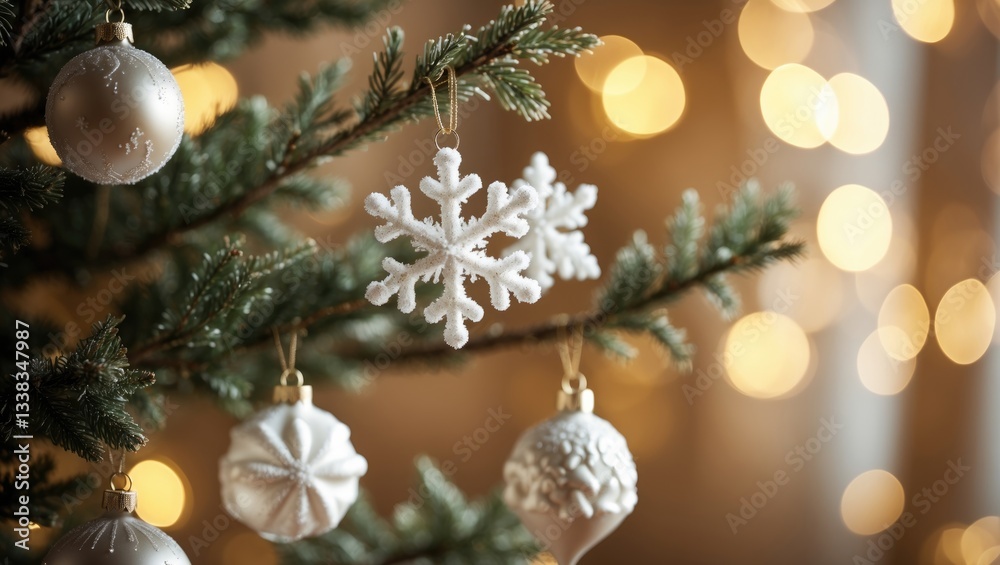 Poster closeup of a tree adorned with light and a snowflake. holiday backdrop. vintage color tone.