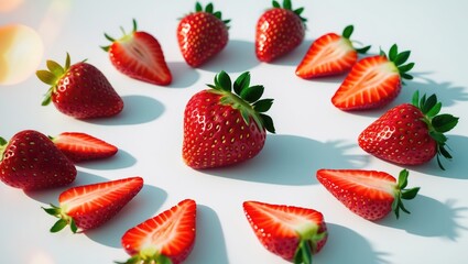 Cut strawberries on a white background viewed from above.
