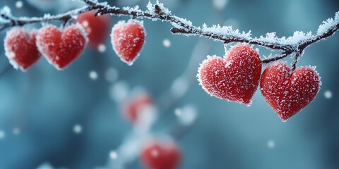 A red hearts hangs on a snowy branch. Blurred background. 
