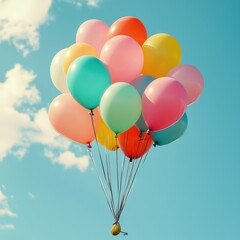 Colorful Balloons Floating Against a Bright Blue Sky Background
