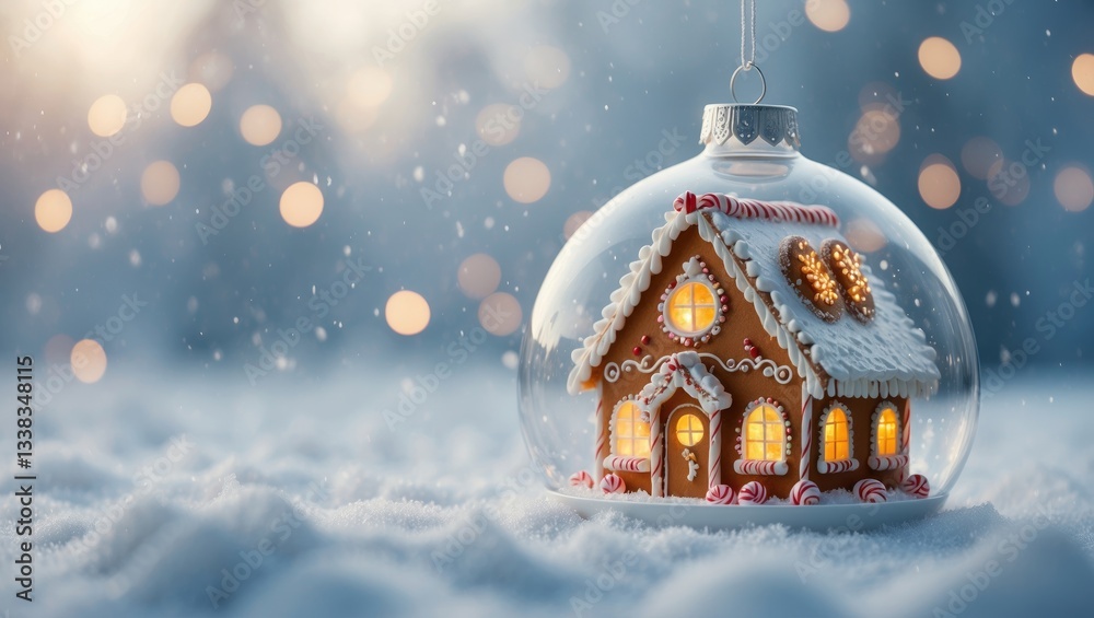 Poster cozy gingerbread house inside a bauble against a snowy backdrop with space for text.