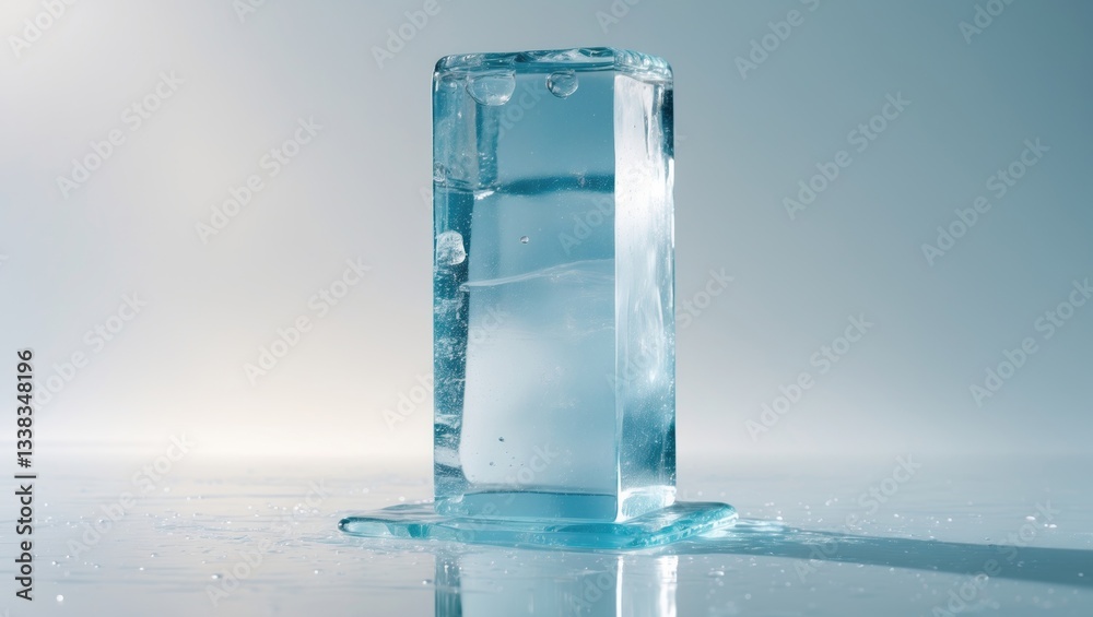 Poster crystal clear natural ice block resting on a reflective white surface.