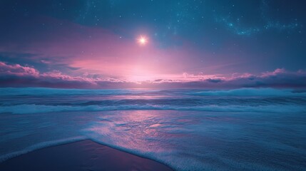 Fototapeta premium Glowing star above a beach under a dark sky.